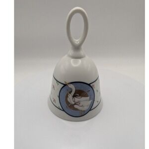 White Ceramic Bell Pink Floral Goose Duckling Design Handle 80's Decor